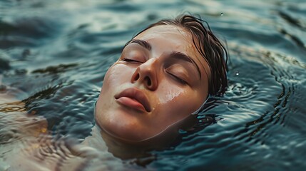 Mental well-being, a serene, melancholic woman drifting in water, and indifference - obrazy, fototapety, plakaty