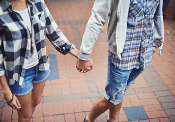 Love, walking and couple holding hands on relax journey, morning trip or weekend tour for outdoor...