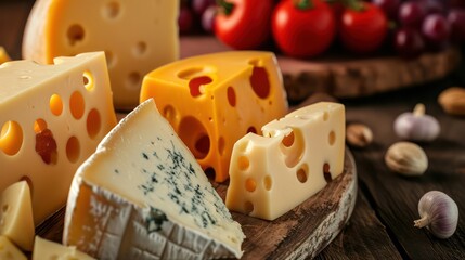 The background highlights a selection of cheeses, showcasing delicious pieces of different types.
