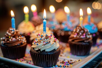 Plate of Cupcakes With Lit Candles