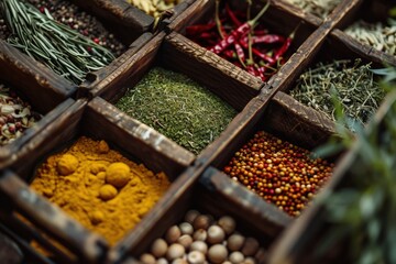 Assorted Spices in Wooden Box