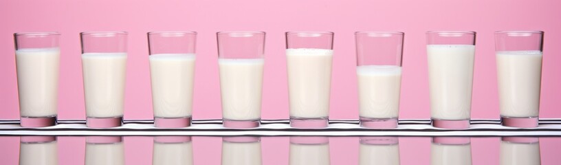 glasses with milk aligned on pink background. Healthy lifestyle. Generative AI