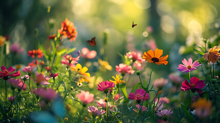 Obraz na płótnie Canvas Um jardim tranquilo repleto de flores e folhagem coloridas banhado pelo sol com borboletas e uma suave brisa carregando o doce cheiro das flores
