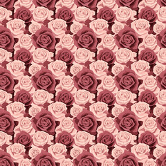 Flat abstract rose flowers background in rosewood and oldrose color, seamless pattern. For screen printing, paper craft printable, wedding invitations covers, stationery designs, fabric prints
