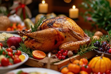 Fototapeta na wymiar Turkey on Table Surrounded by Food