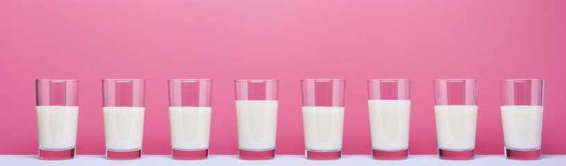 glasses with milk neatly aligned against pink background. Generative AI