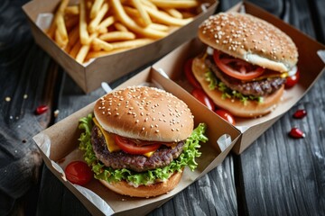 Two Boxes of Hamburgers and Fries on Table