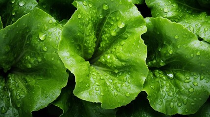 green veggies and water droplets in the background of an above view of green lettuce leaves