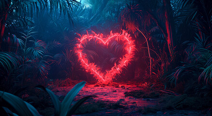 Frame love neon valentine glowing heart on background of leaves and branches, fresh nature. Jungle neon light, cyber frame with copy space. Urban, futuristic background. - obrazy, fototapety, plakaty