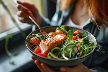 Woman Holding Bowl of Salad With Salmon