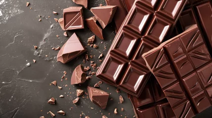 Fotobehang Background with tempting and tasty shards of chocolate bars.  © Matthew