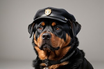 Perro rottweiler con gorra de policía sobre fondo gris  - obrazy, fototapety, plakaty