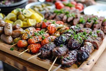 Skewered Food on Wooden Cutting Board