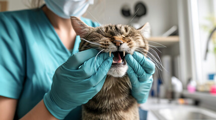 Cat in veterinary clinic, doctor check cats tooth. Dentistry for cats, Pet care concept. - obrazy, fototapety, plakaty
