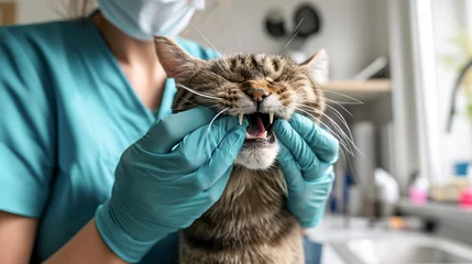 Poster Cat in veterinary clinic, doctor check cats tooth. Dentistry for cats, Pet care concept. © Julija
