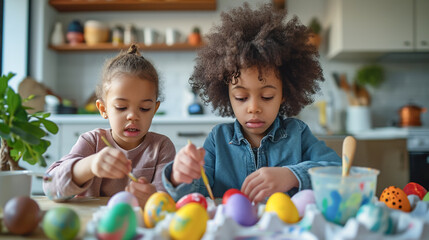 Fototapeta premium Kids painting Easter eegs at home kitchen, preparing for Easter celebration.