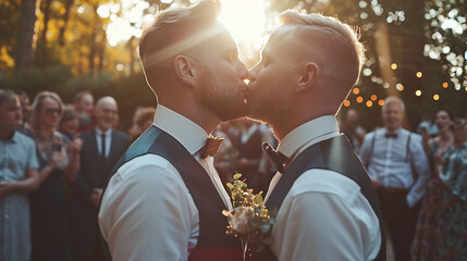 homosexual couple celebrate wedding ceremony outside in garden, LGBT, men kissing each other. Soft focus