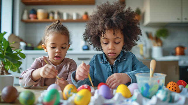 Kids painting Easter eegs at home kitchen, preparing for Easter celebration.