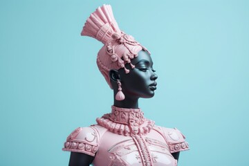 Mannequin representing African American woman in fashionable pink outfit with ornaments. Minimal concept, pastel colors, background with copy space