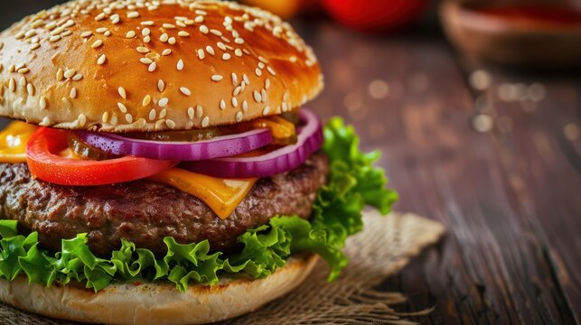 Fast food image featuring a hamburger with beef, tomato, lettuce, cheese, and onion, accompanied by copy space