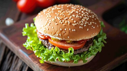Showcase your content alongside a mouthwatering hamburger, complete with beef, tomato, lettuce, cheese, and onion. Fast food with generous copy space.