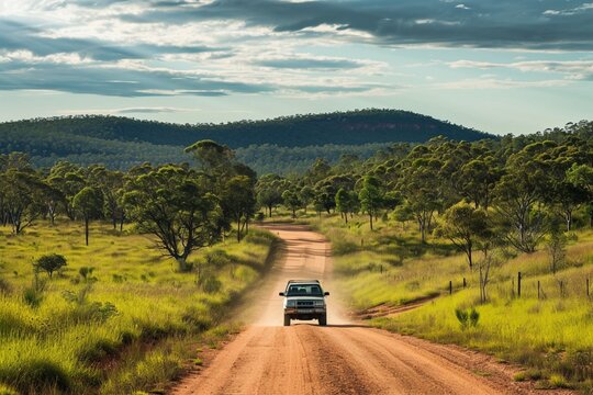 Four Wheel Drive Car On Narrow Country Road In Australia Showing Concept Of Travel Insurance