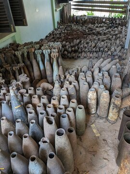unexploded land mines and cluster bombs remains picked up all around Cambodia after war,now set in Museum of landmines in Siem Reap Cambodia, huge amount of ammunition is still laying in countryside