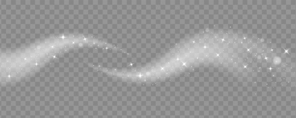 Overlay magic effect glowing traces of sparkle dust star waves. Stardust white sparks from an explosion on transparent background. Magic burst of energy rays. Banner for design. Vector illustration. © Alesya