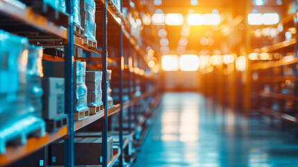 A warehouse filled with numerous shelves stocked with inventory during the golden hour, featuring a bokeh background