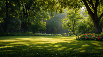 Um parque verde sereno e pacífico envolvido no brilho do sol da manhã Árvores exuberantes e flores coloridas criam um oásis tranquilo oferecendo uma sensação de calma e renovação - obrazy, fototapety, plakaty