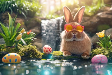Osterhase mit Sonnenbrille vor Hintergund mit einem Wasserfall