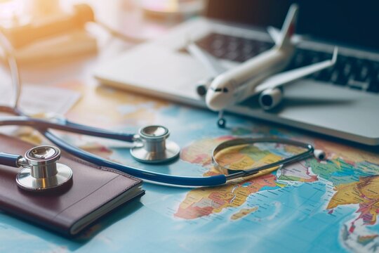 international medical travel insurance concept, stethoscope, passport, computer and airplane on desk office banner with global map