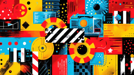 A playful and abstract composition of cinema elements, merging bold colors and geometric patterns to represent the multifaceted world of film.