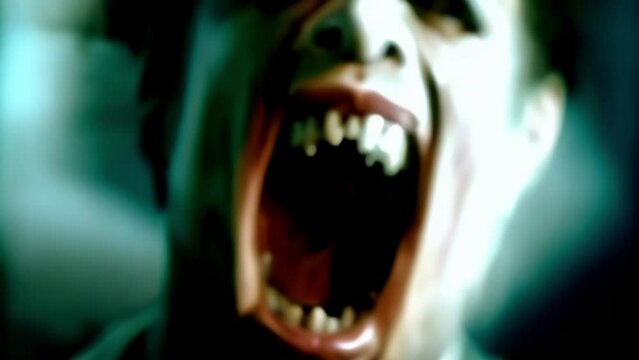Close view scary ghost metaphysical man screaming with open mouth face changing in slow motion.
