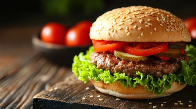 An image of a fast-food hamburger with beef, tomato, lettuce, cheese, and onion, providing space for additional text or design elements.
