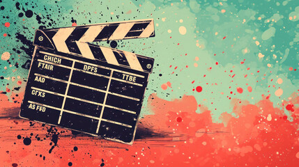 Colorful clapperboard on a splattered background, evoking the creative burst and vibrant energy that heralds the commencement of a film festival. - obrazy, fototapety, plakaty