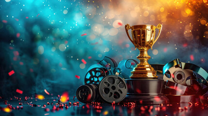 This image captures the essence of cinematic glory, showcasing a golden trophy beside film reels, evoking the grandeur of film festivals and movie awards.