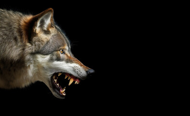 Gray Mad Wolf Portrait. Spiritual Struggle: The Menacing Presence of Aggression in the Wolf's Gaze on a Dark Canvas of Religious Symbolism. - obrazy, fototapety, plakaty