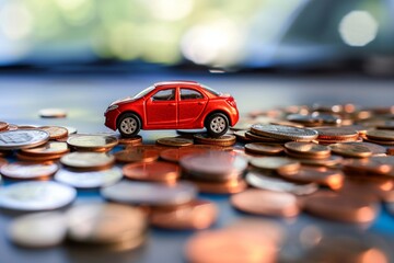 Red car with coins, auto tax and financing, car insurance and car loans, concept of savings money on car purchase