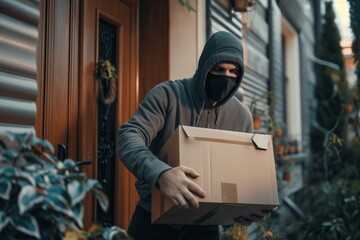 "Porch Pirate" Man with hoodie stealing a package at the doorstep - AI Generated