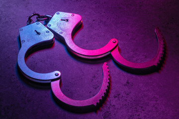 Open handcuffs on a dark background illuminated with a colored mixed light of red and blue