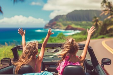 Road trip travel - girls driving car in freedom. Happy young girls cheering in convertible car on summer Hawaii vacations