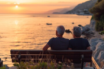 Senior couple sitting on a bench overlooking the sea. Enjoying the sunset on a warm holiday destination. Concept of traveling in a mature age. Shallow field of view