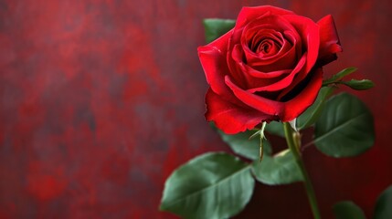 Background featuring a solitary red rose with generous space for romantic and inspirational text or content