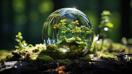 Obraz na płótnie Canvas Crystal ball in forest, nature background. Earth day concept. Created with Generative AI