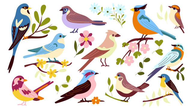 Set of 11 spring birds sitting on branches with flowers, a flat-style illustration hand-drawn, Cute stylized birds flowering branches. For the design and decor of spring greeting cards, posters