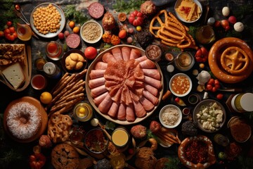 Fototapeta na wymiar Bavarian traditional food flat lay. German classic appetizers view from above.