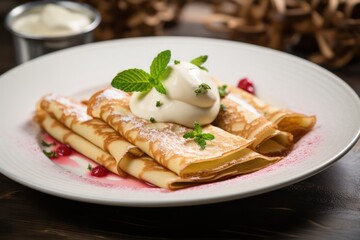 Bavarian thin pancakes with sour cream. Classic traditional crepes on white plate. - obrazy, fototapety, plakaty