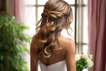 Back view of bride with romnatic long hair in bridal hairstyle - obrazy, fototapety, plakaty