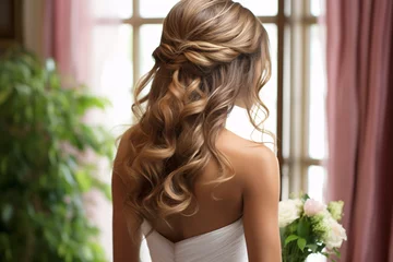 Fotobehang Back view of bride with romnatic long hair in bridal hairstyle © Firn